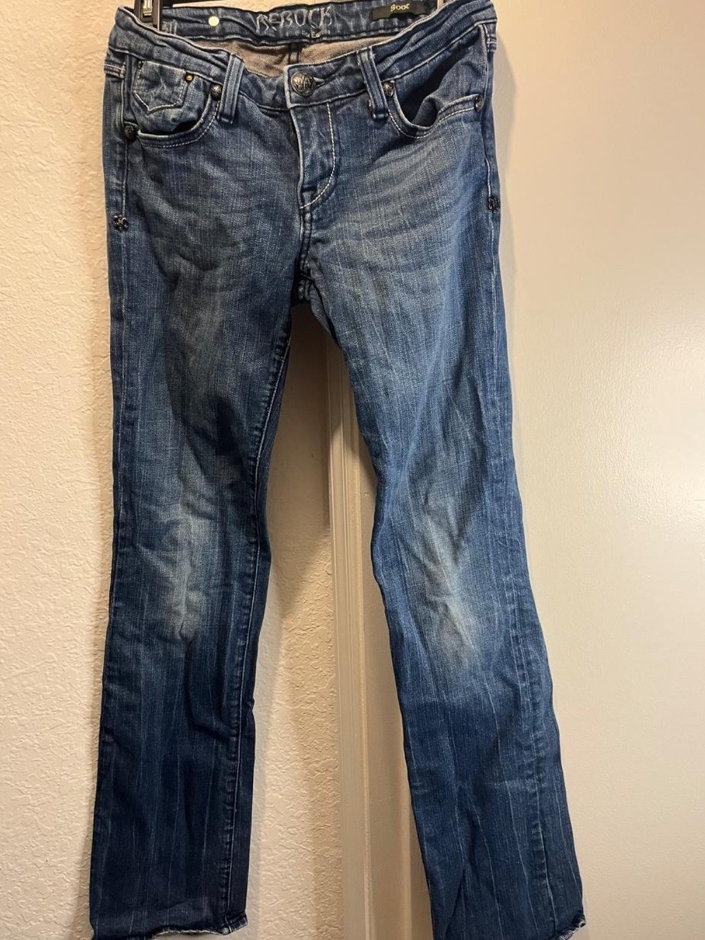 Vintage Rock Revival Jeans Y2K Blue Denim Embroidered Back Pocket Designer Jeans